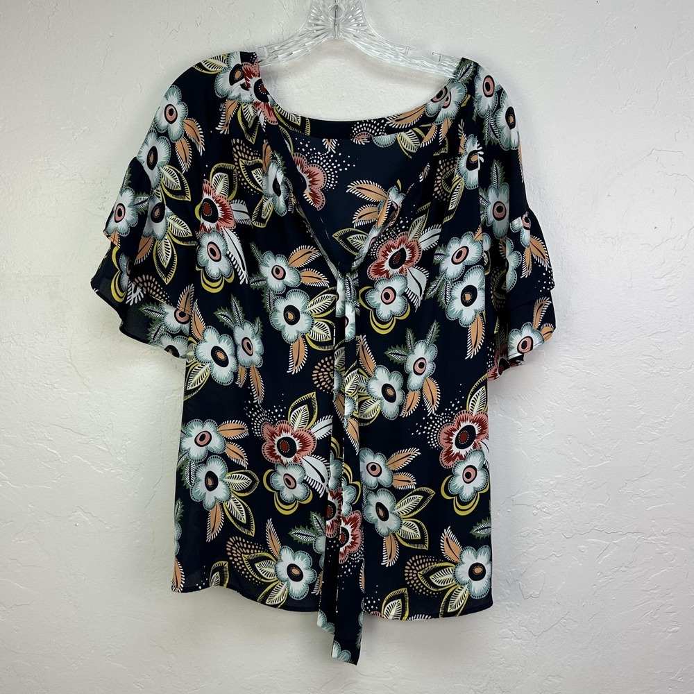 Ann Taylor LOFT Blouse Womens Medium Navy Floral Print Tie Front Flutter Sleeve